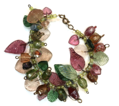Vtg Art Glass Bracelet Molded Leaves &amp; Wire Wrapped Candy Like Beads Col... - £39.50 GBP