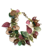 Vtg Art Glass Bracelet Molded Leaves &amp; Wire Wrapped Candy Like Beads Col... - £39.32 GBP