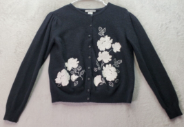 Jillian Jones Cardigan Sweater Women&#39;s Medium Black Knit Embroidered Floral Wool - £25.89 GBP