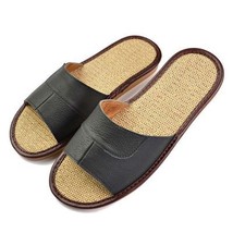 Leather Summer Linen Slippers Women Men Slippers High Quality Cow Leather Slippe - £20.76 GBP