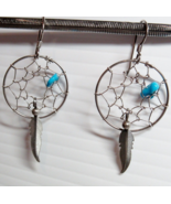 Sterling Silver Pierced Earrings Dream Catcher  Feather Dangle Turquoise... - $18.50