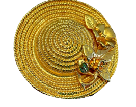Hat Brooch Pin Bright Gold Tone w/ Flowers Fancy Estate Vintage 2&quot; Diameter - $12.97