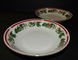 2 St Maria Lynns Fine China Dessert Soup Bowls Christmas Holly  Berry Red Band - £20.72 GBP