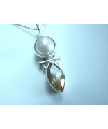 Cultured Pearl &amp; Faceted Citrine Marquise 925 Sterling Silver Necklace - £13.01 GBP