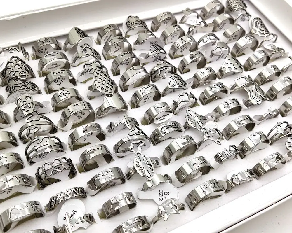 Wholesale 100pcs/lot Rainbow  Cut Mix Men Women Stainless Steel Rings Assorted L - £55.48 GBP