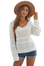 Long Sleeve V-Neck Open Knit Pullover Sweater white - £25.57 GBP