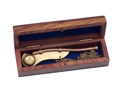[Pack Of 2] Antique Brass Boatswain (Bosun) Whistle 5&quot;&quot; w/ Rosewood Box - £49.28 GBP