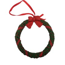 Vintage Christmas Wreath Ornament Holiday Plastic Resin Red Ribbon Bow 3 inch - £7.02 GBP