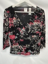 Emma James Blouse Shirt Top Floral Semi Sheer Lined Black Multicolor PXL - £15.75 GBP