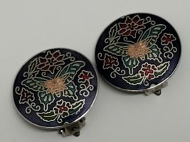 Vintage Cloisonne Colorful Enamel Flowers &amp; Butterfly Round Clip On Earrings  - £11.57 GBP