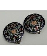 Vintage Cloisonne Colorful Enamel Flowers &amp; Butterfly Round Clip On Earr... - £11.37 GBP