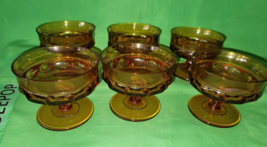 Vintage 6 Piece Amber Glass Thumbprint Kings Crown Pedestal Desert Bowls... - £54.71 GBP