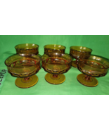 Vintage 6 Piece Amber Glass Thumbprint Kings Crown Pedestal Desert Bowls... - £54.26 GBP