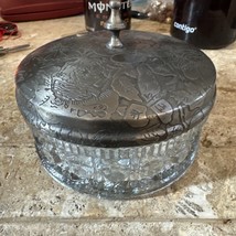 VTG Clear Glass Powder Vanity Box Container Octagon Dot Pattern Pewter Metal Lid - £21.31 GBP
