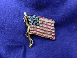 JBK Jackie Kennedy Vtg Gold Tone Enamel Flag Pin Brooch Crystals Camrose... - $49.95