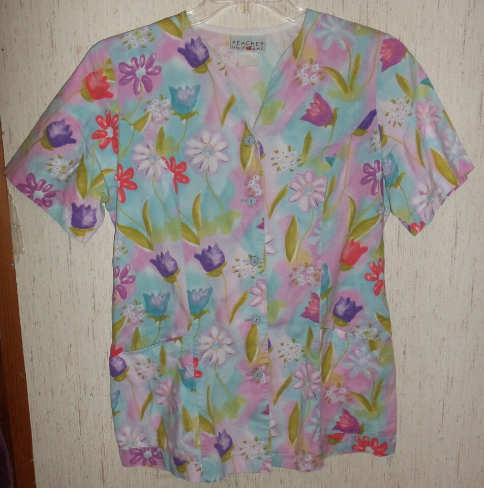 Primary image for WOMENS PEACHES "Tulips & Daisy" FLORAL PRINT SCRUBS TOP  SIZE S*