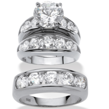 Round Cz Wedding 3 Ring His Hers Set Band Platinum Sterling Silver 6 7 8 9 10 - £320.72 GBP