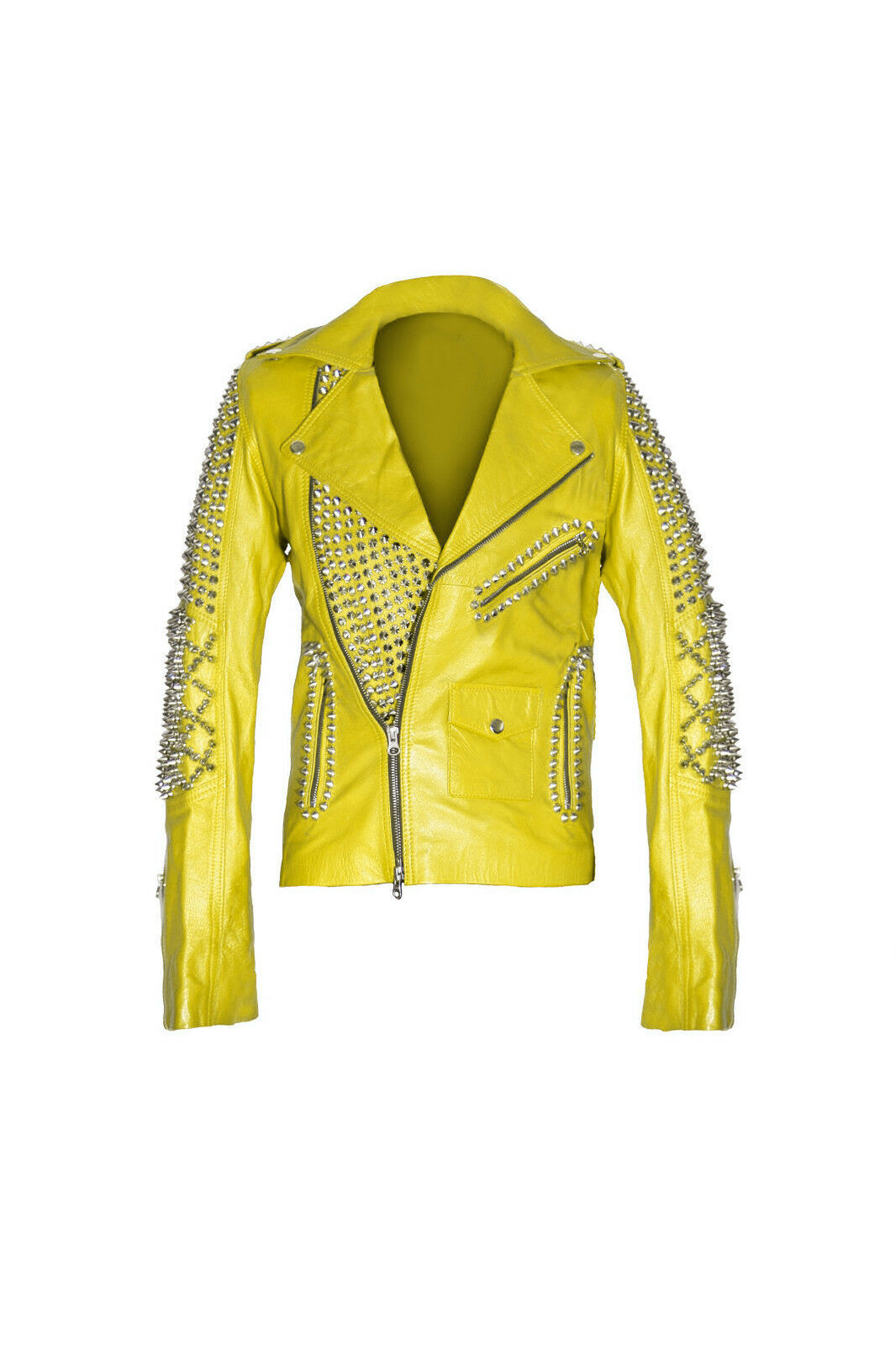 Women's Yellow Color Premium Leather Slim Fit Full Silver Spike Studs Jacket