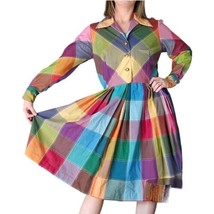 70s Retro M Rainbow Plaid Midi Dress Checker Led Patchwork Colorful 8 10 - £75.19 GBP