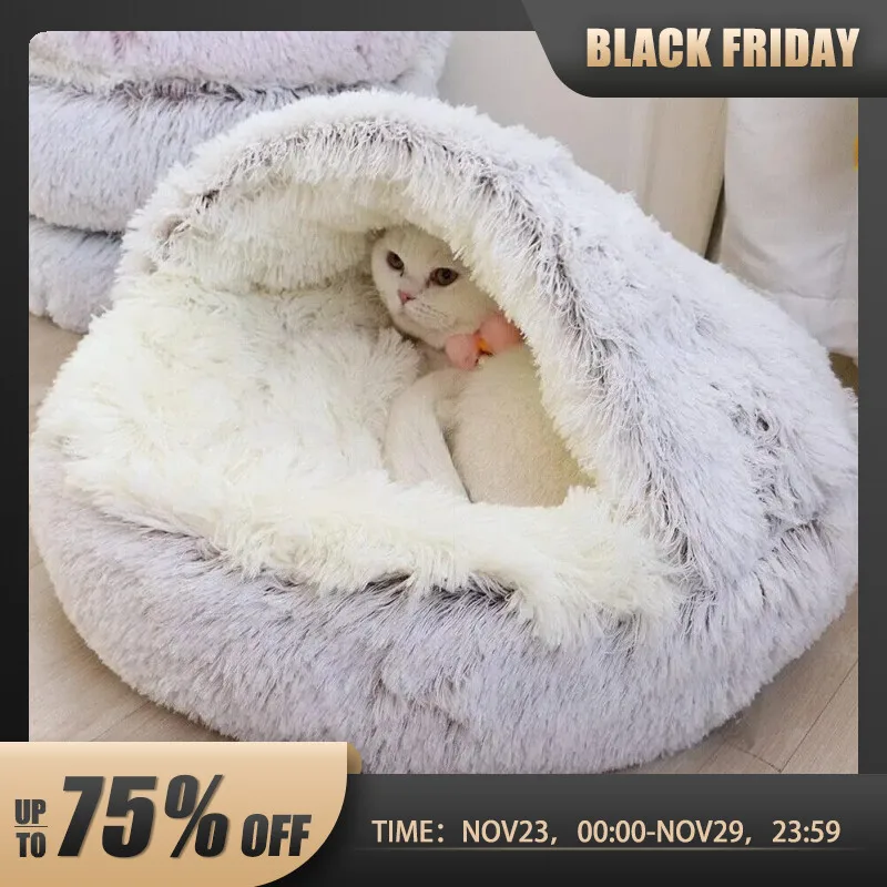 Warm Long Plush Pet Bed Enclosed Round Pet Mattress Warm Comfortable Basket Cat - £9.87 GBP