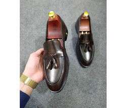 Handmade Men Dark Brown leather Bit Loafer Shoes, tassel loafer Shoes, C... - £99.60 GBP