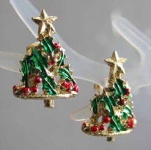 Festive Enamel Holly Christmas Tree Gold-tone Clip Earrings 1960s vintag... - $12.95