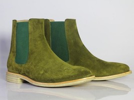 Handmade Chelsea Boot Olive Green Color Side Elastic Slip On Suede Leather Boot  - £119.46 GBP