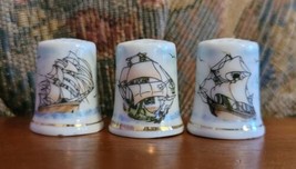 3 Vintage Gold Ringed Nautical Tall Sailing Ships Porcelain Sewing Thimb... - $19.79