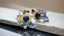 EISENBERG ICE Gold Tone Blue Rhinestone Clip Earrings Vintage Signed - $48.48