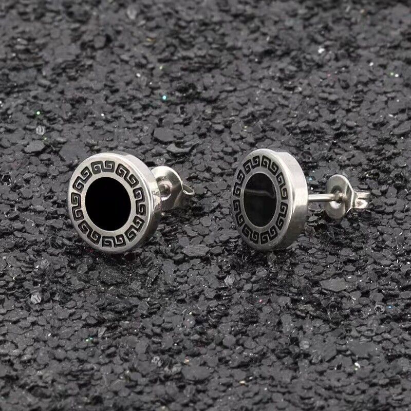 Mens Stainless Steel Round Black Stud Earrings Punk Gothic Rock Ear Stud 2 Pcs - £7.11 GBP