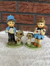 Vintage Set 2 Ornament Figurines Mailbox Boy Girl Letter Heart 4-1/2&quot; - $164.95 MXN
