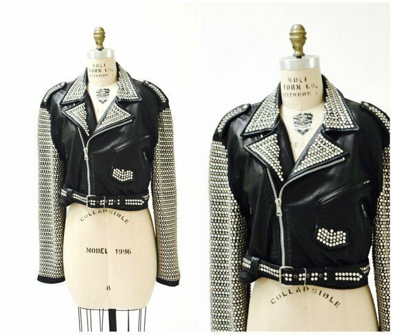 Women Black Biker Leather Coat Silver Full Studded Handmade Belted Straps Jacket