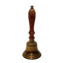 Vintage Large Solid Brass Hand School Call Service Bell Wood Handle 9 3/4&quot; Loud - £27.12 GBP
