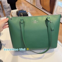 COACH CV402 Gallery Tote Shoulder Bag Crossgrain Leather Silver/Shamrock - $235.00
