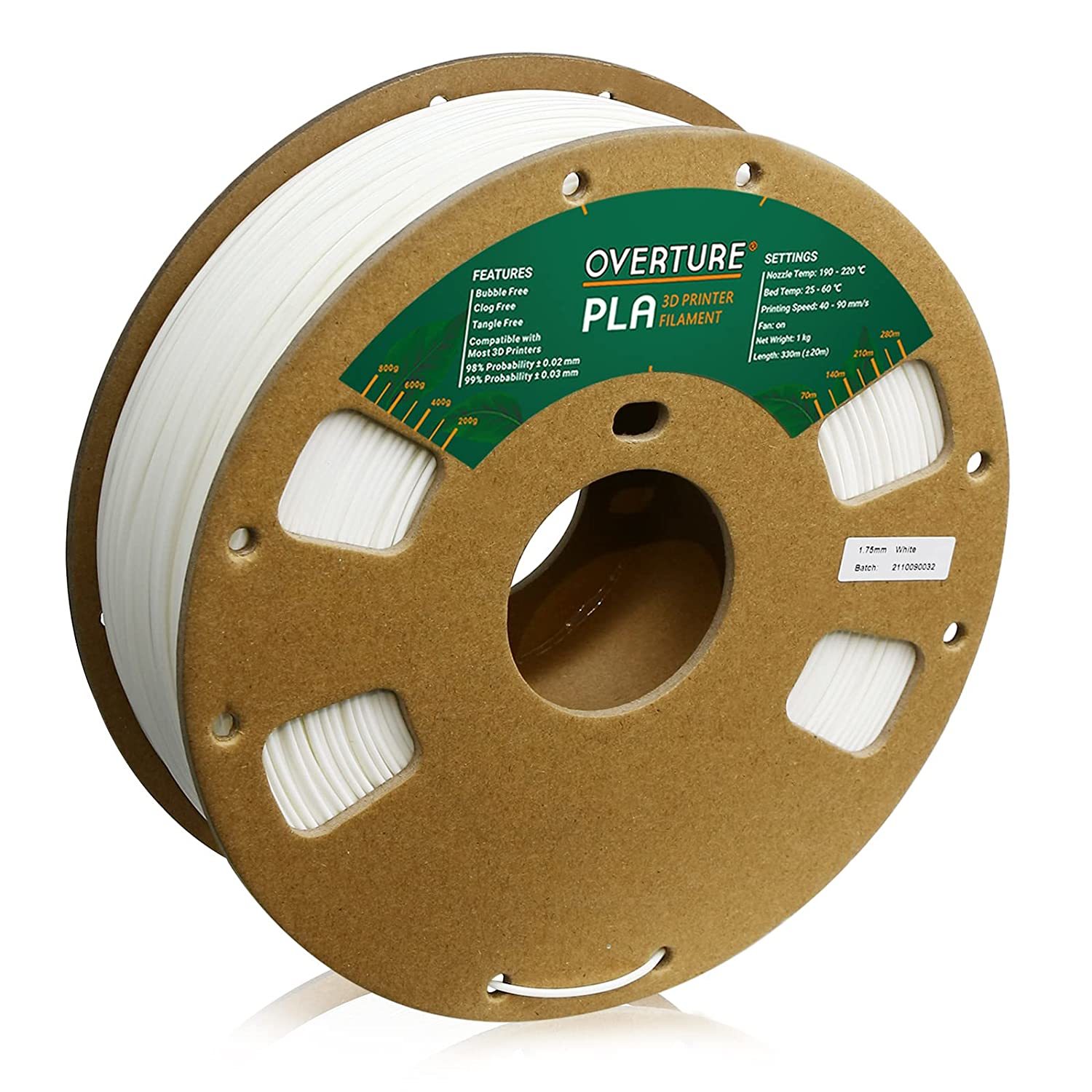 OVERTURE PLA Filament 1.75mm PLA 3D Printer Filament, 1kg, White 1-Pack - $33.99