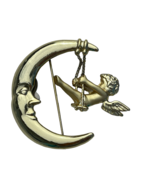 AJC  Signed Angel Swinging on Moon Brooch Pin Gold Tone 1990’s Approx 2&quot; - £9.74 GBP