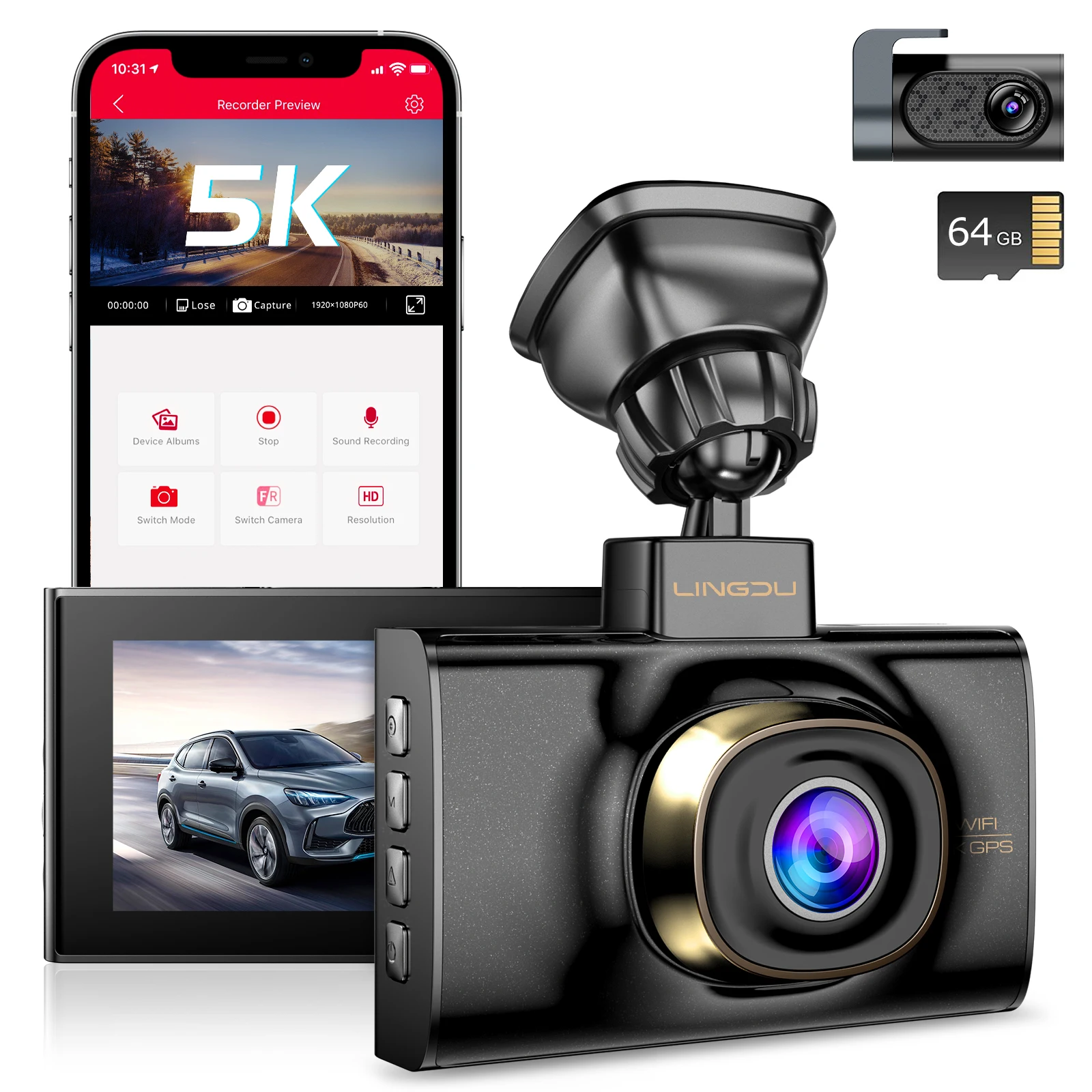 Linu LD02-2CH Car Dvr 5K Dash Cam Dual Camera 5.8Gh Wi Fi Gps 3inch Screen Voice - £180.24 GBP