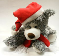 PLUSH GRAY BEAR w/ SANTA HAT AND RED SCARF &amp; WHITE TASSELS HOLIDAY ACCES... - £13.22 GBP