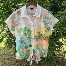 TALBOTS Blouse Sz LP Tropical Sunset Tie Hem Button Front Shirt Linen Bl... - £22.95 GBP