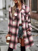 Plaid Button-Up Longline Jacket with Pockets - £42.39 GBP