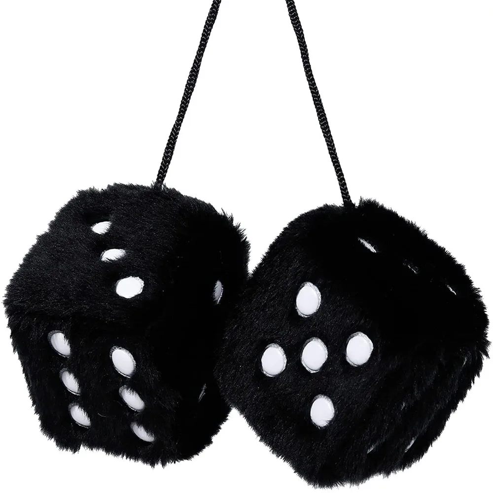 Pair of Retro Square Mirror Hanging Couple Fuzzy Plush Dice with Dots for Car - £11.41 GBP