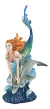 Sea Nautical Red Haired Mermaid Riding Dolphin Over The Ocean Waves Stat... - $54.99