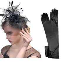 Fascinator Flower Headdress Feather Mesh Hat Cap With Long Glove Accessories Set - £11.87 GBP