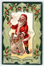Santa Claus Christmas Postcard His Busy Day Nash Embossed Holly Leaves Toys - $20.43