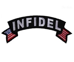 INFIDEL with American Flag 4&quot; x 1.5&quot; iron on Top Rocker patch (6442) (A21) - £4.61 GBP