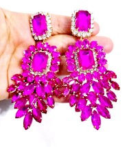 Rhinestone Pierced Earrings, Oversized Chandelier Earrings, Pink Drop Pageant Ea - £46.55 GBP