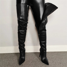Women Knee High Boots Pu Leather Heels Pointed Toe Side Zipper Plus 39 Over The  - £77.38 GBP