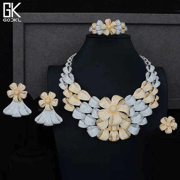 Super Luxury BOWKNOTS GOLD Jewelry Set Women Wedding Cubic Zirconia Duba... - $300.48