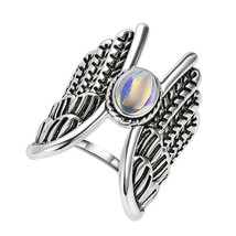 Natural Moonstone Angel Wings Rings For Women Punk Rock Tibetan Silver Ring Vint - £7.22 GBP