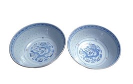 2 Jingdezhen Chinese Blue &amp; White Porcelain Rice Eyes Dragon 8.75&quot; Servi... - $37.62